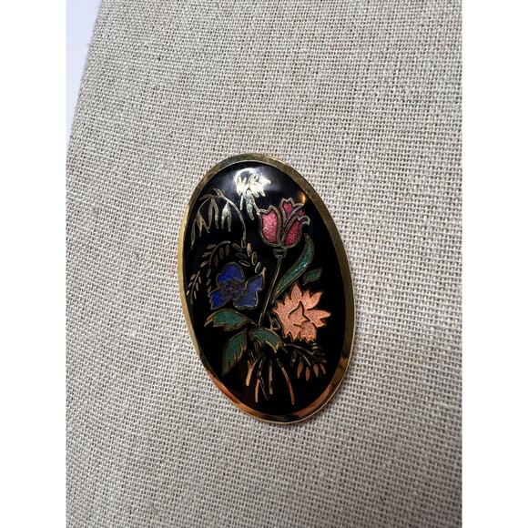 Vintage Enamel Brooch Pin Black and Gold Cloisonne Style Asian Oval - Picture 2 of 4